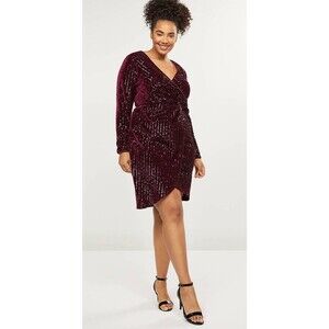 Lane Bryant Women’s Size 22 Velvet Sequin Faux Wrap V-Neck Dress In Wine